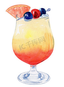 水彩手绘水果热带橙色鸡尾酒与葡萄柚片装饰隔离在白色背景。