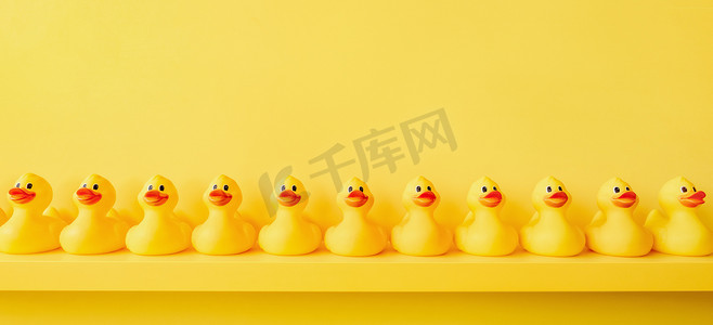 鸭子黄色摄影照片_横幅黄色橡皮鸭背景黄色鸭子排成一排。