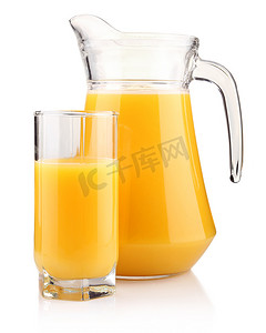 橙汁海报免费摄影照片_水罐和一杯橙汁隔离在白色