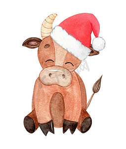 戴帽子的奶牛摄影照片_水彩快乐棕色公牛戴着圣诞老人帽子，坐在白色背景上。