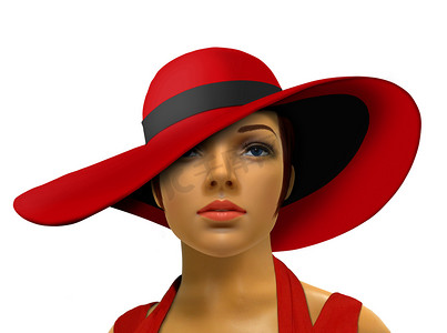 戴着大帽子的红色模特