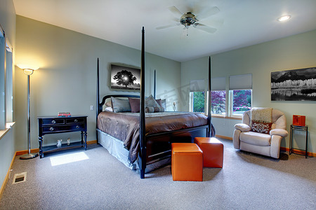 大型明亮的现代卧室室内设计与柱床。