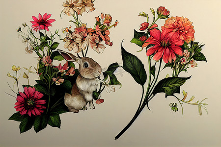 可爱的兔子和花园花卉设计 2d