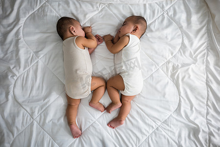 睡觉婴儿摄影照片_亚洲两个可爱的双胞胎男婴，快乐的童年