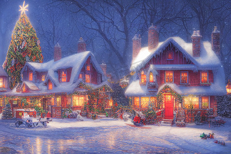 旅行3d摄影照片_圣诞树屋的 3D 插图，周围有雪，配有装饰品和彩灯