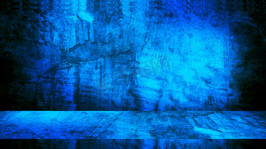 空暗混凝土墙室工作室背景和地板透视与蓝色柔和的光线。