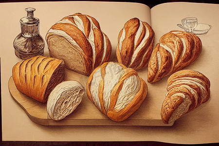 厨师面团摄影照片_面包师、面包和糕点、手绘