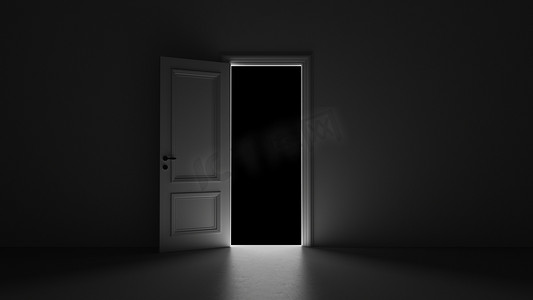 3d 渲染黑色背景的暗室中打开的门