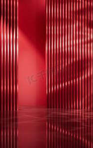 红色室内场景，具有光效，3D 渲染。