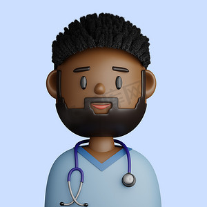 微笑的留着胡子的黑人医生的 3D 卡通头像