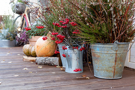 季节性家庭花园秋季装饰，配有石南花、花盆、南瓜和灯笼，蜡烛照亮。秋季阳台或露台，配有南瓜、灯和干叶