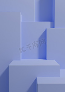 蓝色几何极简摄影照片_浅色、柔和的蓝色 3D 渲染产品展示壁纸，带讲台或在简单、最小、抽象、几何产品摄影背景上站在一两个奢侈品的前面
