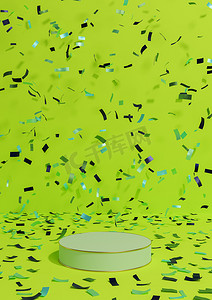 明亮、石灰、霓虹绿 3D 渲染产品展示基座周年纪念产品，用五彩纸屑围绕讲台庆祝，金色线条为奢侈品简单、最小的背景