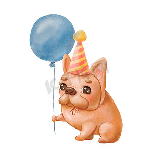 生日气球卡通摄影照片_水彩卡通滑稽的狗和蓝色气球。