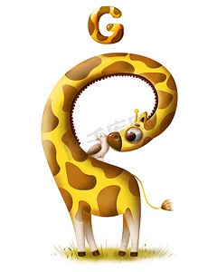 有趣的字母摄影照片_有趣的卡通长颈鹿，有一只鸟和一个字母
