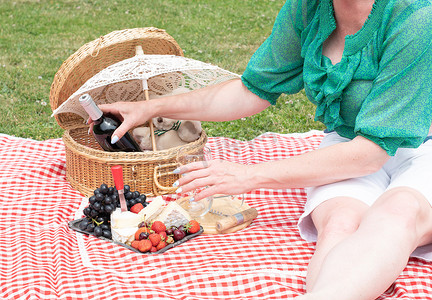 穿着绿色衬衫的女人坐在红色格子野餐地毯上、红酒和奶酪上