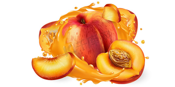 飞溅水花摄影照片_整个桃子和切片桃子在果汁中飞溅。