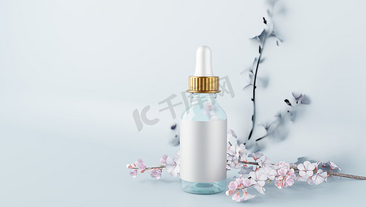 香水和浴室包装的 3D 表示，具有用于模型和产品展示的贴纸颜色背景、简约概念、柔和花卉元素的优质插图。