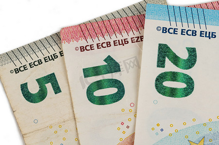 五、十和二十欧元钞票的特写镜头。