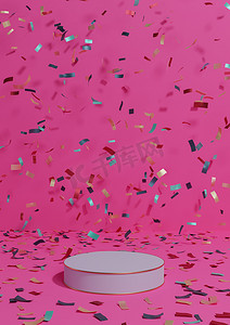 明亮的洋红色、霓虹粉红色 3D 渲染产品展示底座展台周年纪念产品，用五彩纸屑围绕讲台庆祝，金色线条为奢侈品简单、最小的背景