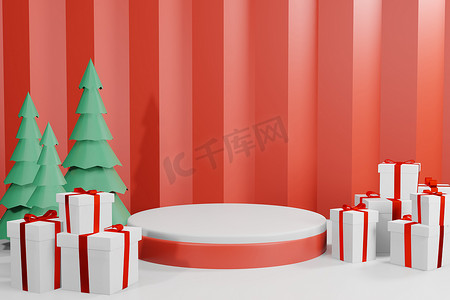 3D 渲染讲台插图，用于圣诞节主题中最小设计的产品植入。