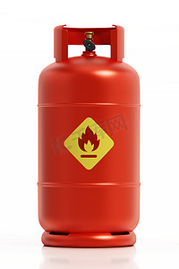 瓶身包装标签摄影照片_带有在白色背景上隔离的易燃标签的红色气瓶。 