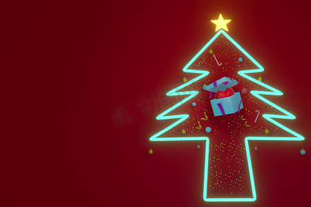圣诞快乐，新年快乐，松树发光，礼物带有红心，用于文本、横幅、网页和背景.3D 插图。