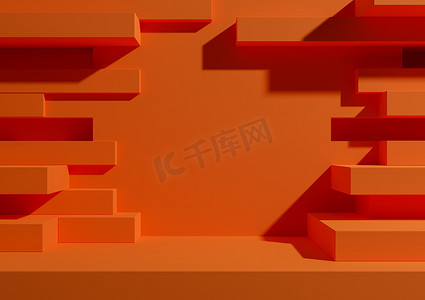 红色的展示台摄影照片_霓虹橙色、亮红色 3D 渲染产品展示台或带有抽象砖墙或门户的展台，用于产品摄影最小、简单、几何背景壁纸，用于豪华垃圾产品
