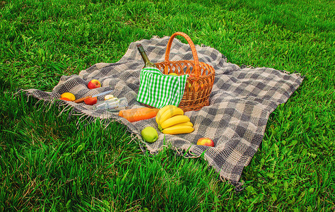 绿色格子布摄影照片_格子布适合在草地上野餐。