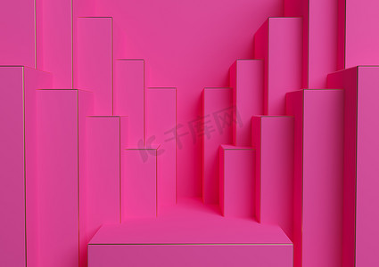 展台城市摄影照片_明亮的洋红色、霓虹粉红色 3D 渲染产品展示台或展台简单、最小、对称、几何背景或壁纸，用于奢侈品广告抽象城市天际线
