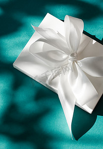 礼盒绿色摄影照片_翠绿背景上带丝带和蝴蝶结的豪华假日白色礼盒、豪华婚礼或生日礼物
