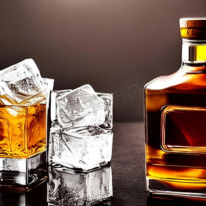 透明玻璃和瓶子上的新鲜威士忌也切成丁冰酒精绘图。