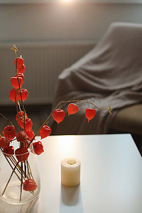 舒适的秋季静物、蜡烛、鲜花、花瓶中的橙色酸浆树枝以及家居室内的细节