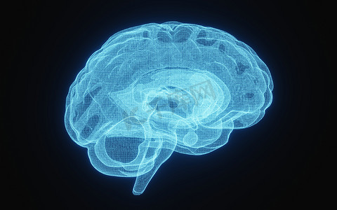 在孤立的黑色背景上蓝色线框中的人脑发光 X 射线图像。
