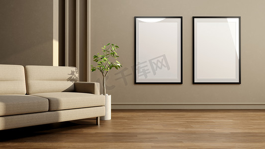 3D 极简阳光反射客厅室内设计概念与舒适的沙发、侧面的绿色植物和双框架和木地板纹理 3D 插图