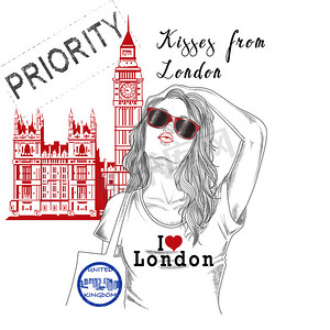 摄像机插画摄影照片_时尚插画-明信片-有纪念碑背景和邮票的女孩-伦敦-
