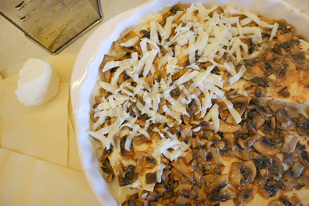 传统意大利烤宽面条的制备 — 用奶酪和蘑菇、意大利面和番茄酱烘烤的自制意大利面