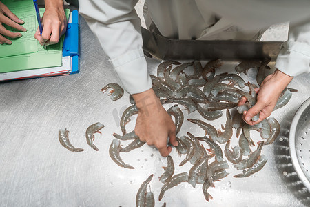 两名工人在工业食品厂按大小对虾进行分类的俯视图