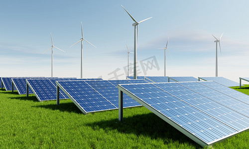 带有风力涡轮机的太阳能电池板，用于产生天空景观背景的电力。