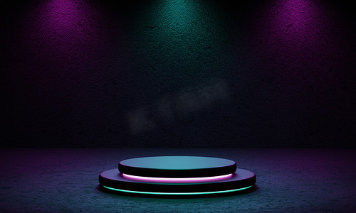 赛博朋克产品讲台平台工作室配有蓝色和紫色聚光灯和垃圾风格纹理背景。