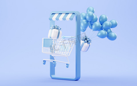 app商城摄影照片_有礼品盒的购物车，3D 渲染。
