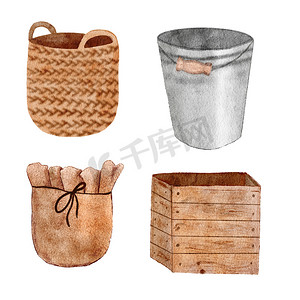 手绘环保摄影照片_米色 bwon 天然容器篮和灰色金属桶的水彩手绘插图。