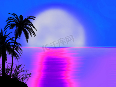 蓝色 70 年代风格迈阿密日落日出与树剪影说明