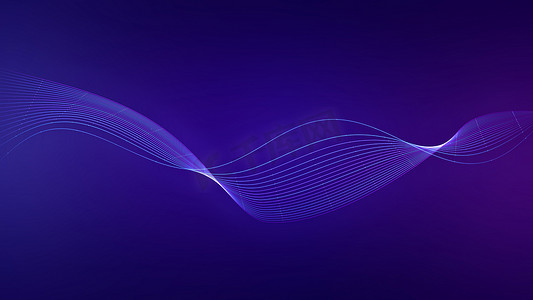 抽象波连接蓝色和紫色背景上的点和线。