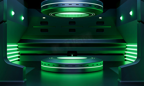 赛博朋克科幻产品讲台在宇宙飞船上展示，绿色霓虹灯背景。