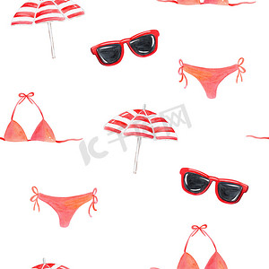 带有红色眼镜、雨伞、白色背景泳衣的水彩度假图案，用于织物、纺织品、品牌、包装
