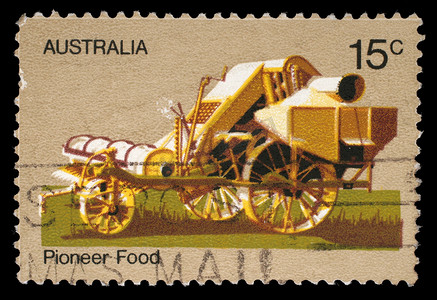 澳大利亚印制的纪念澳大利亚先锋生活的邮票显示马脱粒机