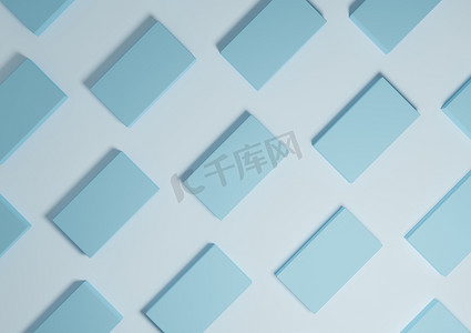 浅色、柔和、浅蓝色、3D 渲染最小、简单、现代的顶视图平躺产品展示从上方背景与重复的方形支架图案