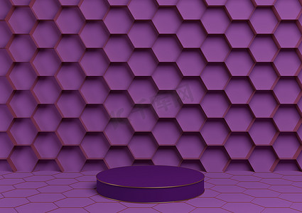 亮紫色、紫色 3D 渲染产品展示台豪华金色蜂窝抽象背景，圆柱支架最小，简单的自然豪华蜂蜜产品模板