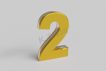 字母二 3D 渲染金色字体与银色轮廓隔离白色背景。